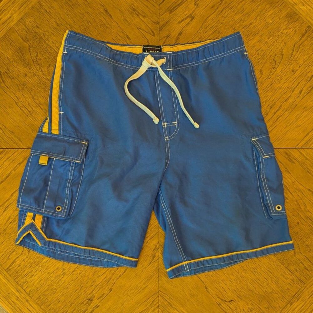 Y2K Abercrombie & Fitch Men's Med Blue Yellow Stripe Board Shorts Swim Trunks